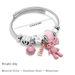 Heart Flower Bear Pendant Bracelet Stainless Steel DIY Jewelry