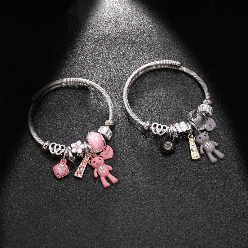 Heart Flower Bear Pendant Bracelet Stainless Steel DIY Jewelry