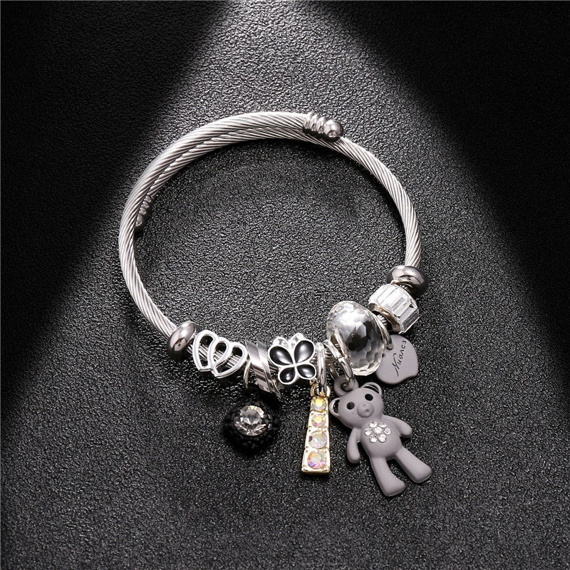 Heart Flower Bear Pendant Bracelet Stainless Steel DIY Jewelry
