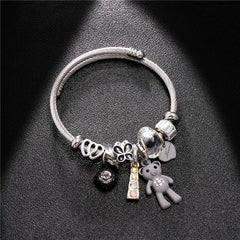 Heart Flower Bear Pendant Bracelet Stainless Steel DIY Jewelry