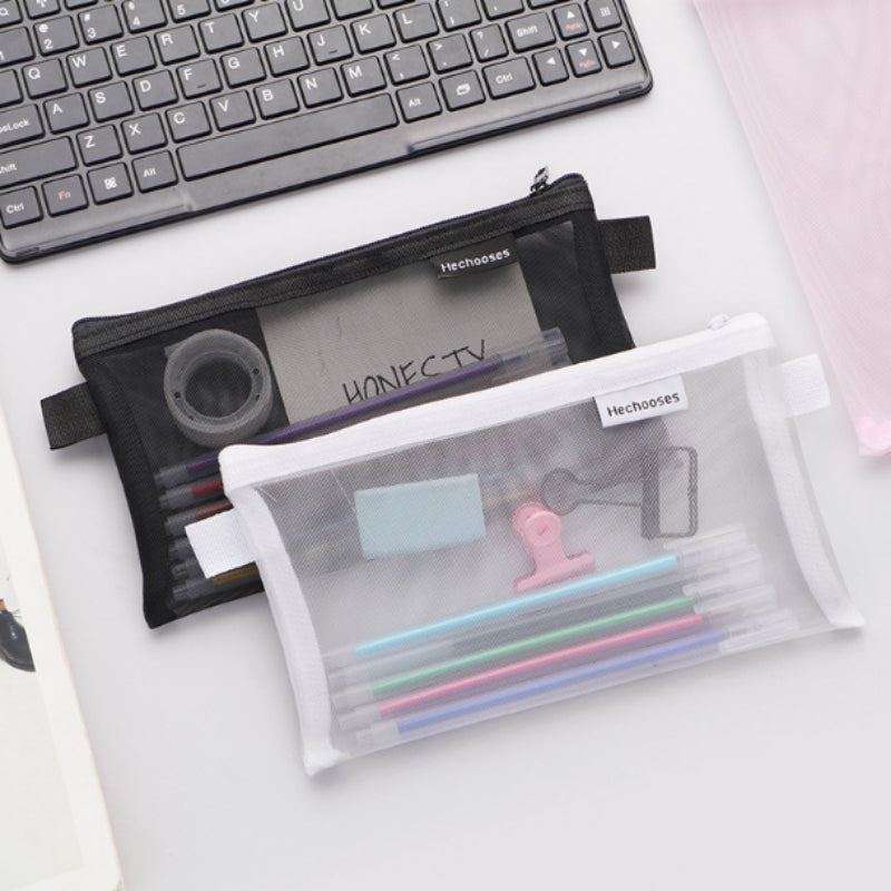Transparent Nylon Mesh Pen Bag for Students Stationery Storage