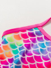 Girls Mermaid Fish Scale Print Swimsuit Sleeveless Camisole Mesh Decor