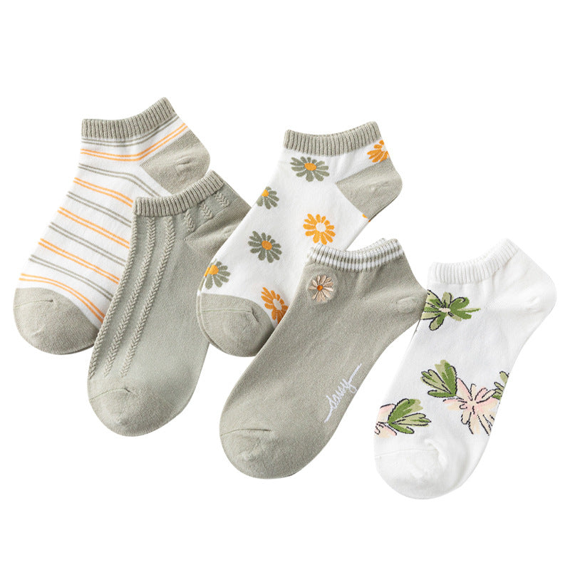 5 Pairs Floral Print Low Cut Ankle Socks Women's Stockings