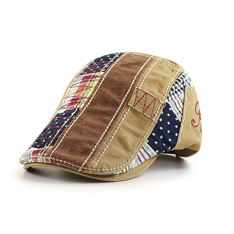 Plaid Pattern Oil Leather Peaked Cap Sporty Woven Casual Peaked Cap
