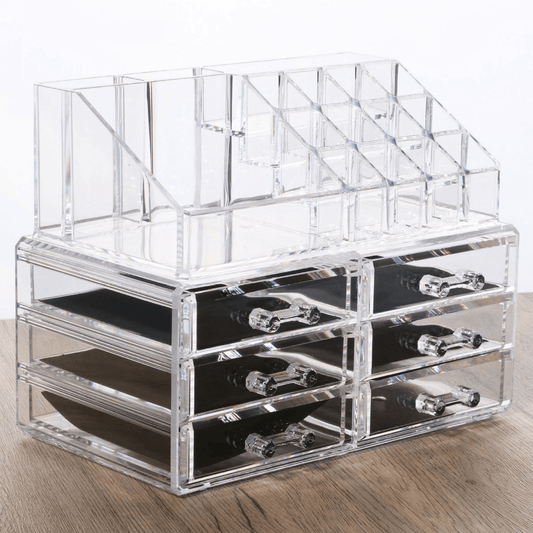 2 Tier Clear Acrylic Makeup Organizer with Storage Drawers for Vanity Bathroom