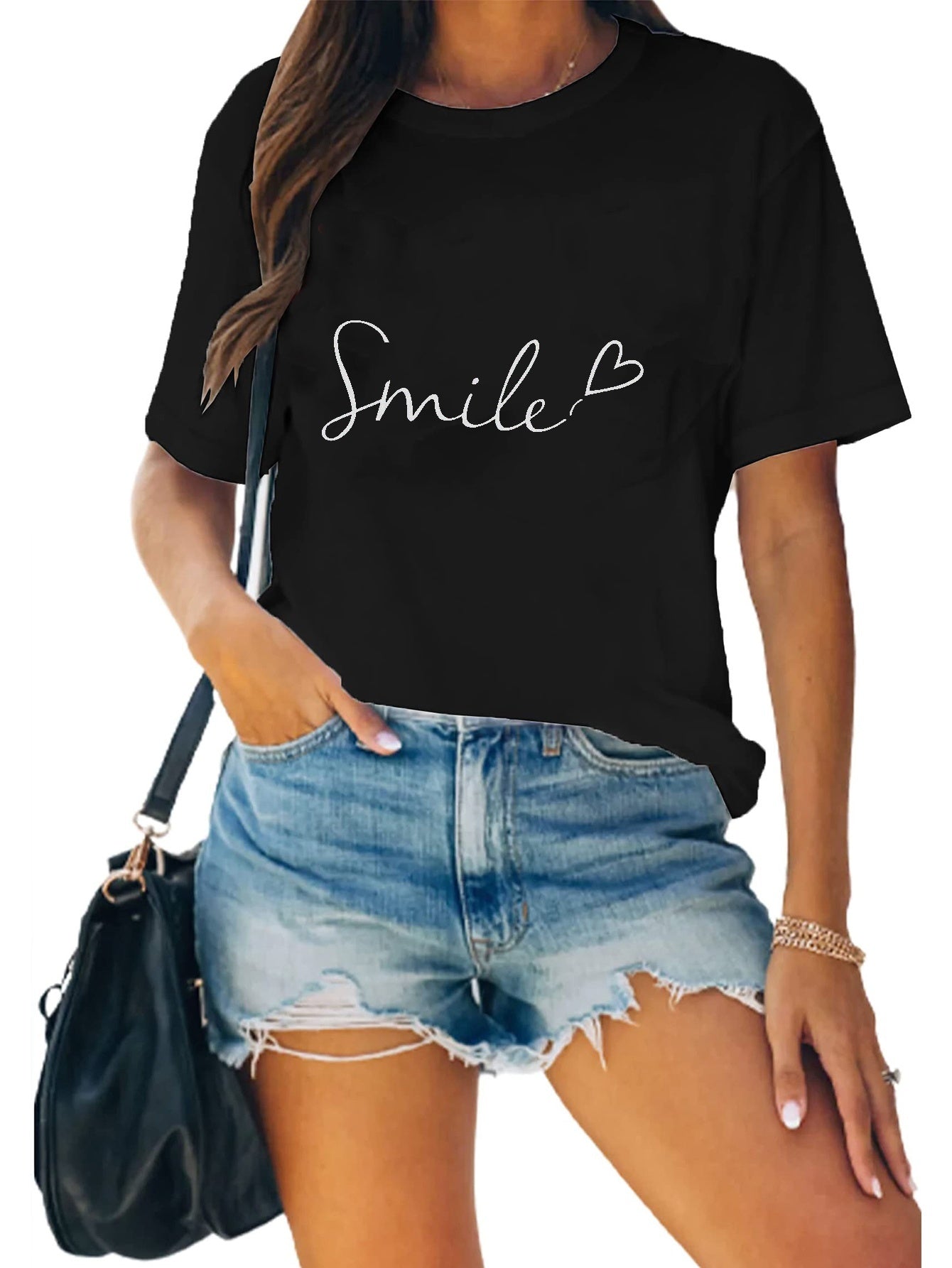 Letter Print T-shirt Crew Neck Short Sleeve Tee Womens Summer Tops