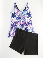 Tropical Print Boho Tankini Set Lace Up V Neck Top & Shorts Swimsuit