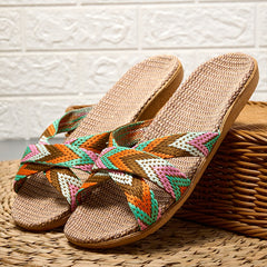 Women's Linen Indoor Slides Open Toe Comfy Non Slip Flat Casual Home Slides