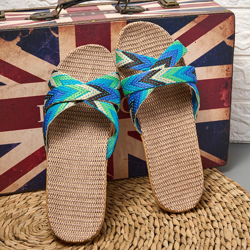 Women's Linen Indoor Slides Open Toe Comfy Non Slip Flat Casual Home Slides