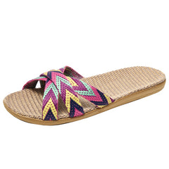 Women's Linen Indoor Slides Open Toe Comfy Non Slip Flat Casual Home Slides