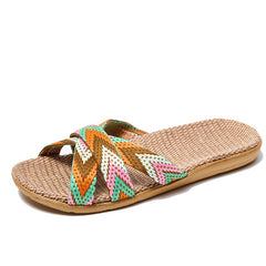 Women's Linen Indoor Slides Open Toe Comfy Non Slip Flat Casual Home Slides