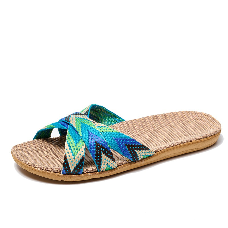 Women's Linen Indoor Slides Open Toe Comfy Non Slip Flat Casual Home Slides