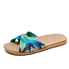 Women's Linen Indoor Slides Open Toe Comfy Non Slip Flat Casual Home Slides