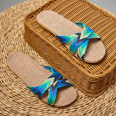 Women's Linen Indoor Slides Open Toe Comfy Non Slip Flat Casual Home Slides