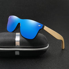 Square Frame Sunglasses Mirror Lens Wooden Temple Glasses UV400