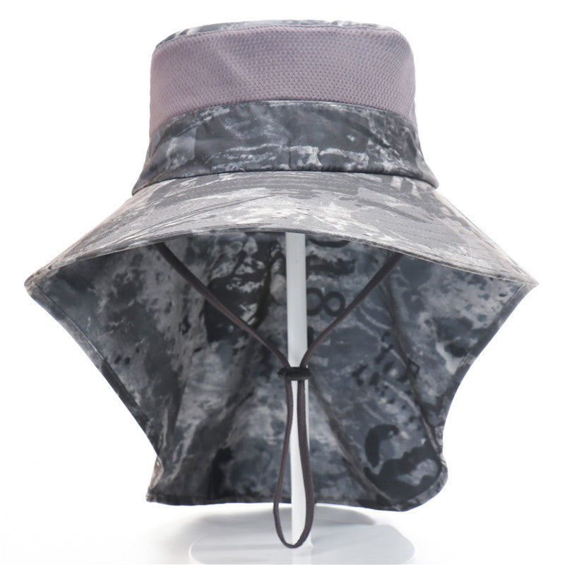 Men Camo Bucket Hat UV Protection Sun Cap with Shawl Breathable