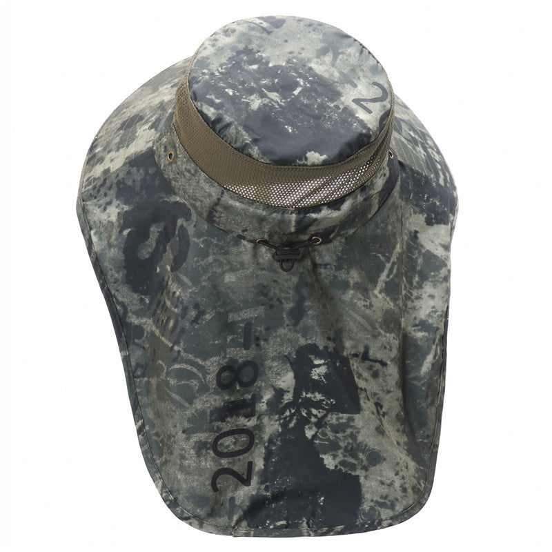 Men Camo Bucket Hat UV Protection Sun Cap with Shawl Breathable