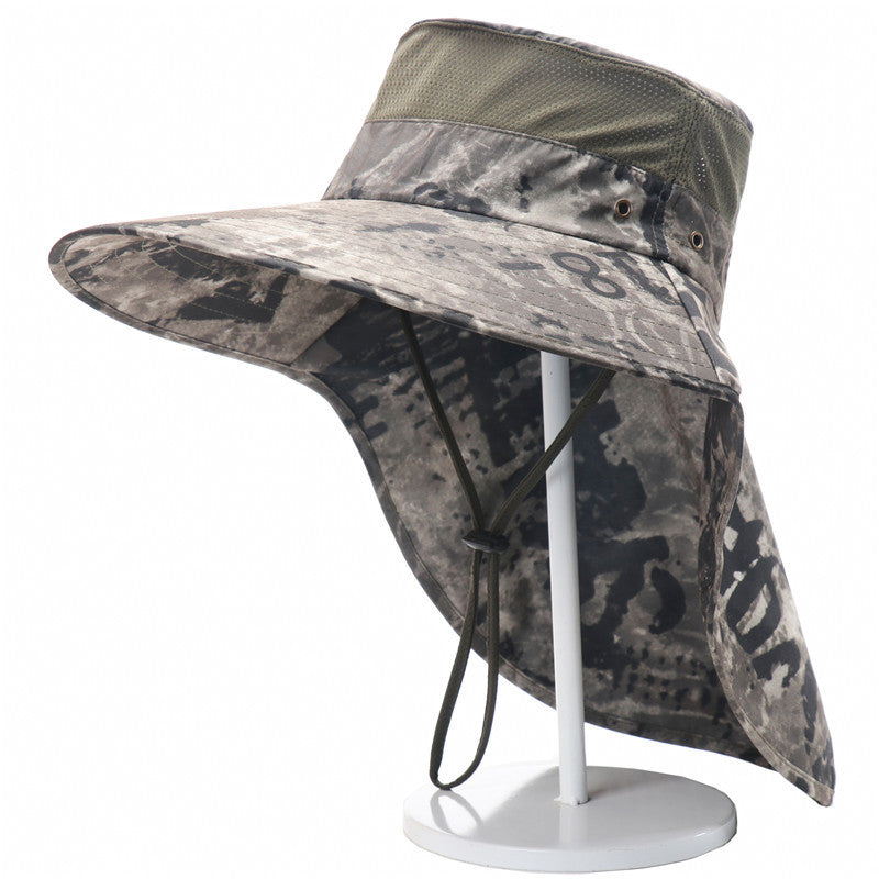 Men Camo Bucket Hat UV Protection Sun Cap with Shawl Breathable