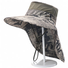 Men Camo Bucket Hat UV Protection Sun Cap with Shawl Breathable