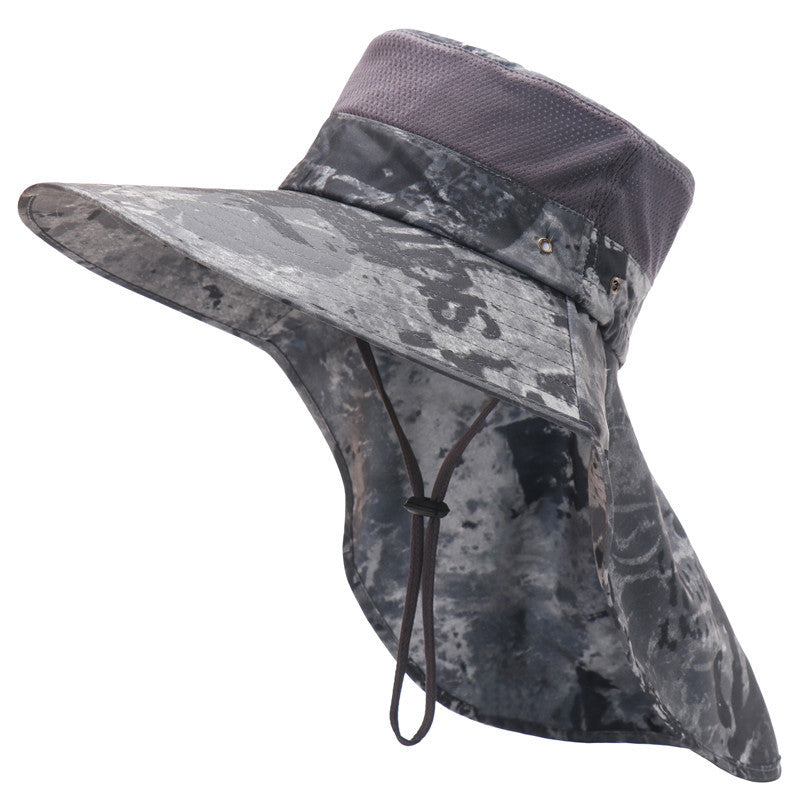 Men Camo Bucket Hat UV Protection Sun Cap with Shawl Breathable