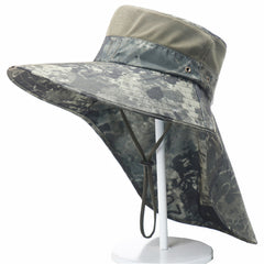 Men Camo Bucket Hat UV Protection Sun Cap with Shawl Breathable