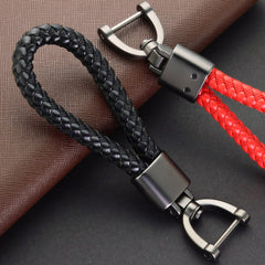Hand Woven Leather Car KeyChain with Metal Horseshoe Buckle