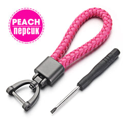 Hand Woven Leather Car KeyChain with Metal Horseshoe Buckle
