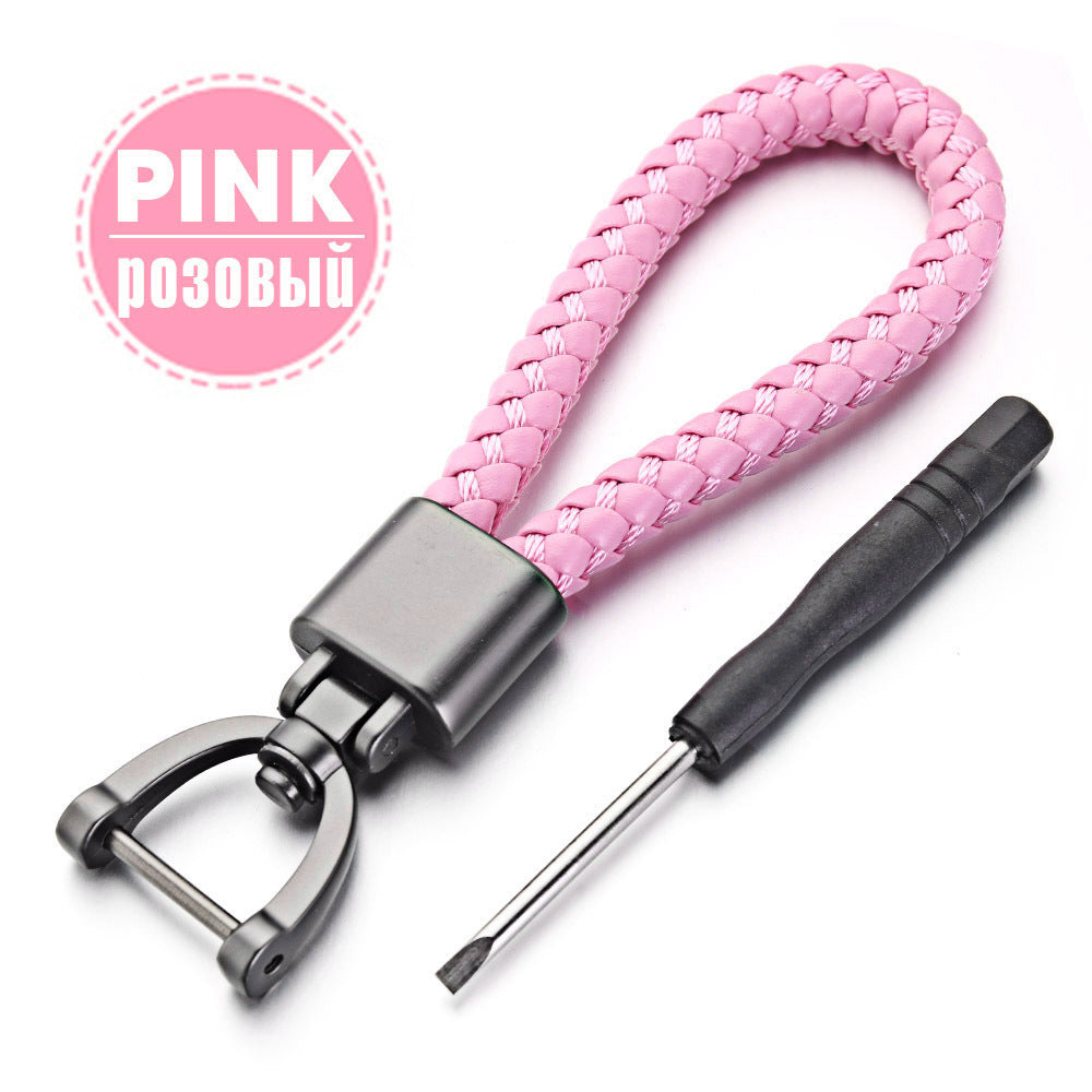 Hand Woven Leather Car KeyChain with Metal Horseshoe Buckle