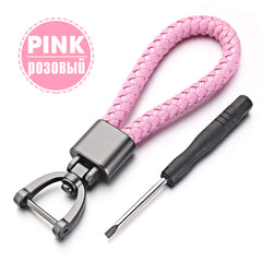 Hand Woven Leather Car KeyChain with Metal Horseshoe Buckle
