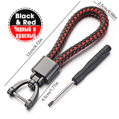 Hand Woven Leather Car KeyChain with Metal Horseshoe Buckle
