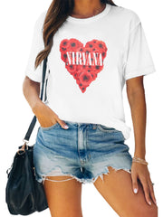 Heart Rose Letter Nirvana Print T-shirt Crew Neck Short Sleeve Casual Top
