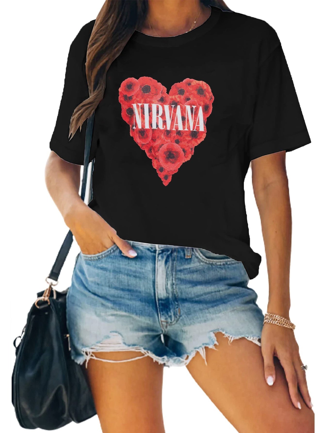 Heart Rose Letter Nirvana Print T-shirt Crew Neck Short Sleeve Casual Top
