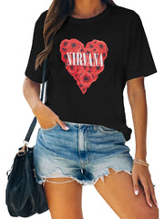 Heart Rose Letter Nirvana Print T-shirt Crew Neck Short Sleeve Casual Top