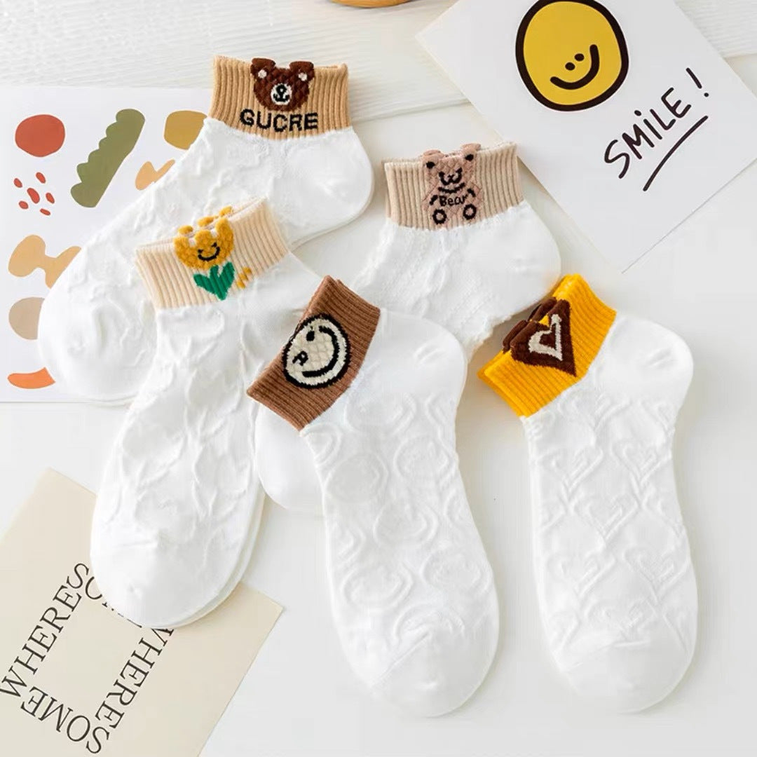 5 Pairs Cartoon Short Socks Colorblock Ankle Stockings