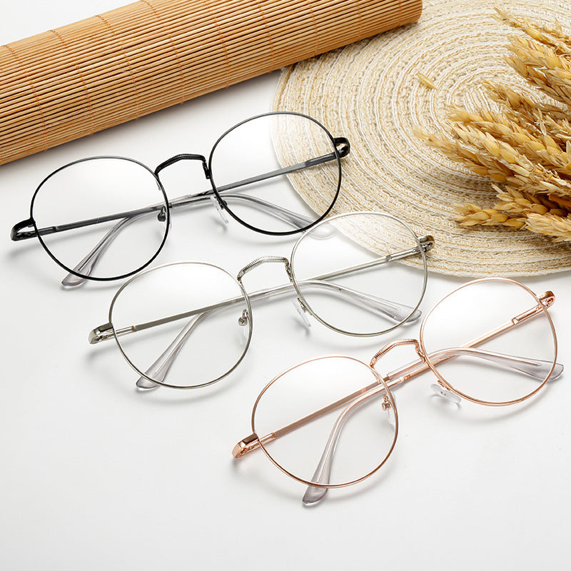 Round Clear Lens Glasses Stylish Metal Frame Anti Light Glasses