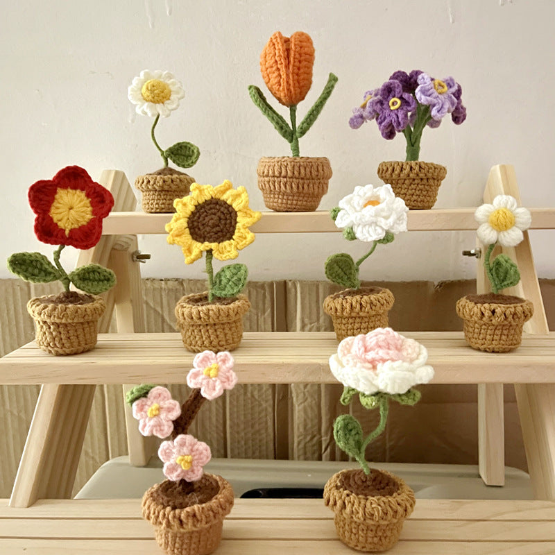 DIY Yarn Woven Mini Potted Flowers Rose Tulip Office Ornaments