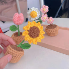DIY Yarn Woven Mini Potted Flowers Rose Tulip Office Ornaments