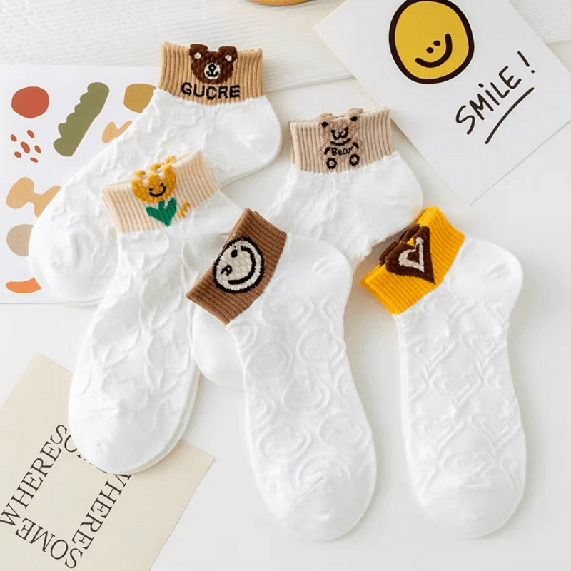 5 Pairs Cartoon Short Socks Colorblock Ankle Stockings
