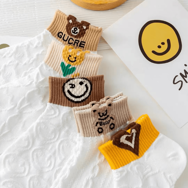 5 Pairs Cartoon Short Socks Colorblock Ankle Stockings