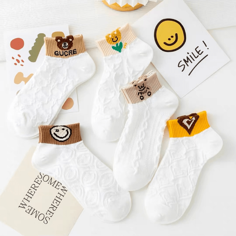 5 Pairs Cartoon Short Socks Colorblock Ankle Stockings