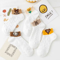 5 Pairs Cartoon Short Socks Colorblock Ankle Stockings