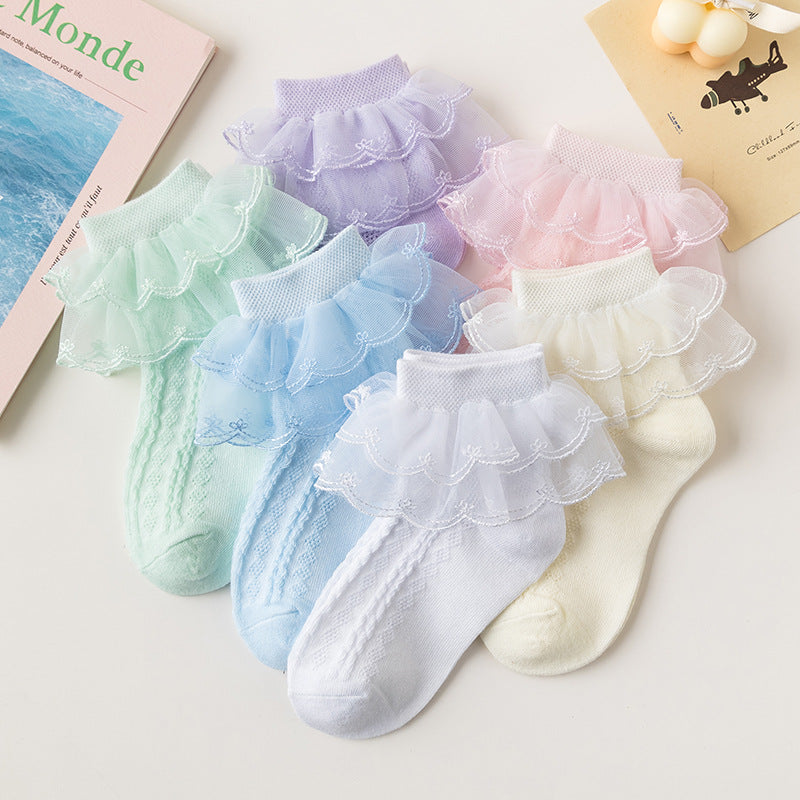 Girls Lace Trim Mesh Socks Comfortable Breathable Short Crew Socks