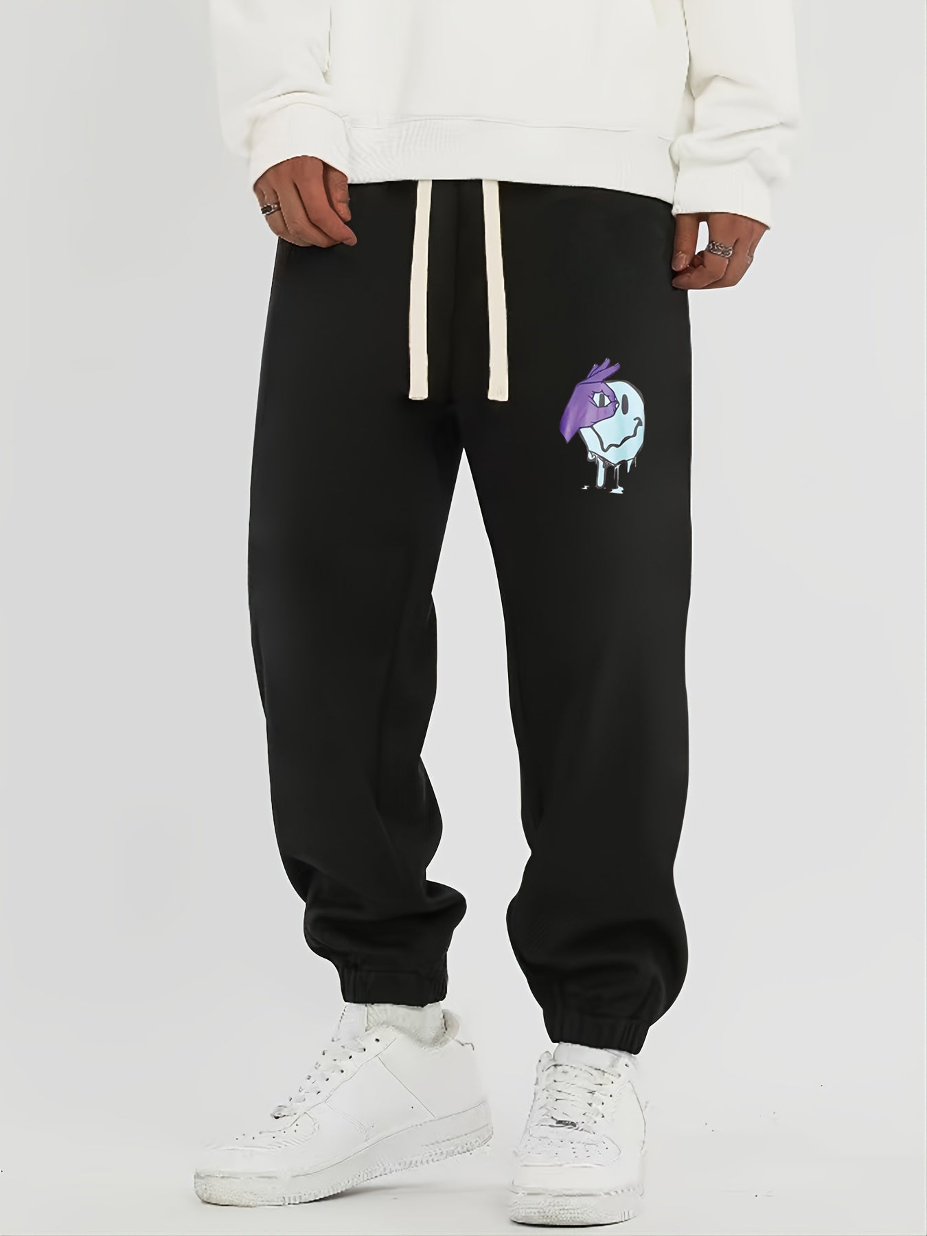 Smile Print Men's Drawstring Pocket Sweatpants Loose Casual Jogger Pants