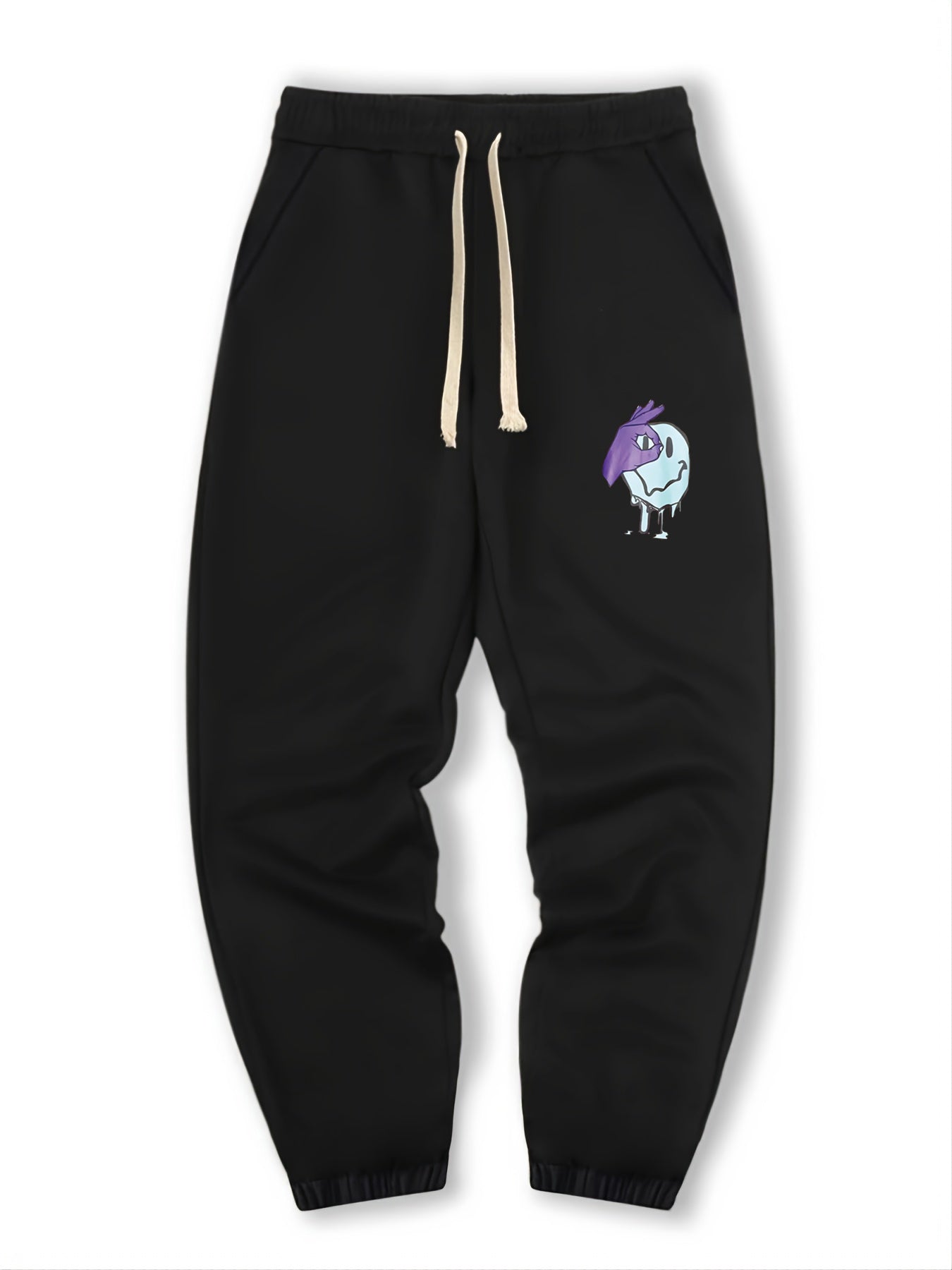 Smile Print Men's Drawstring Pocket Sweatpants Loose Casual Jogger Pants