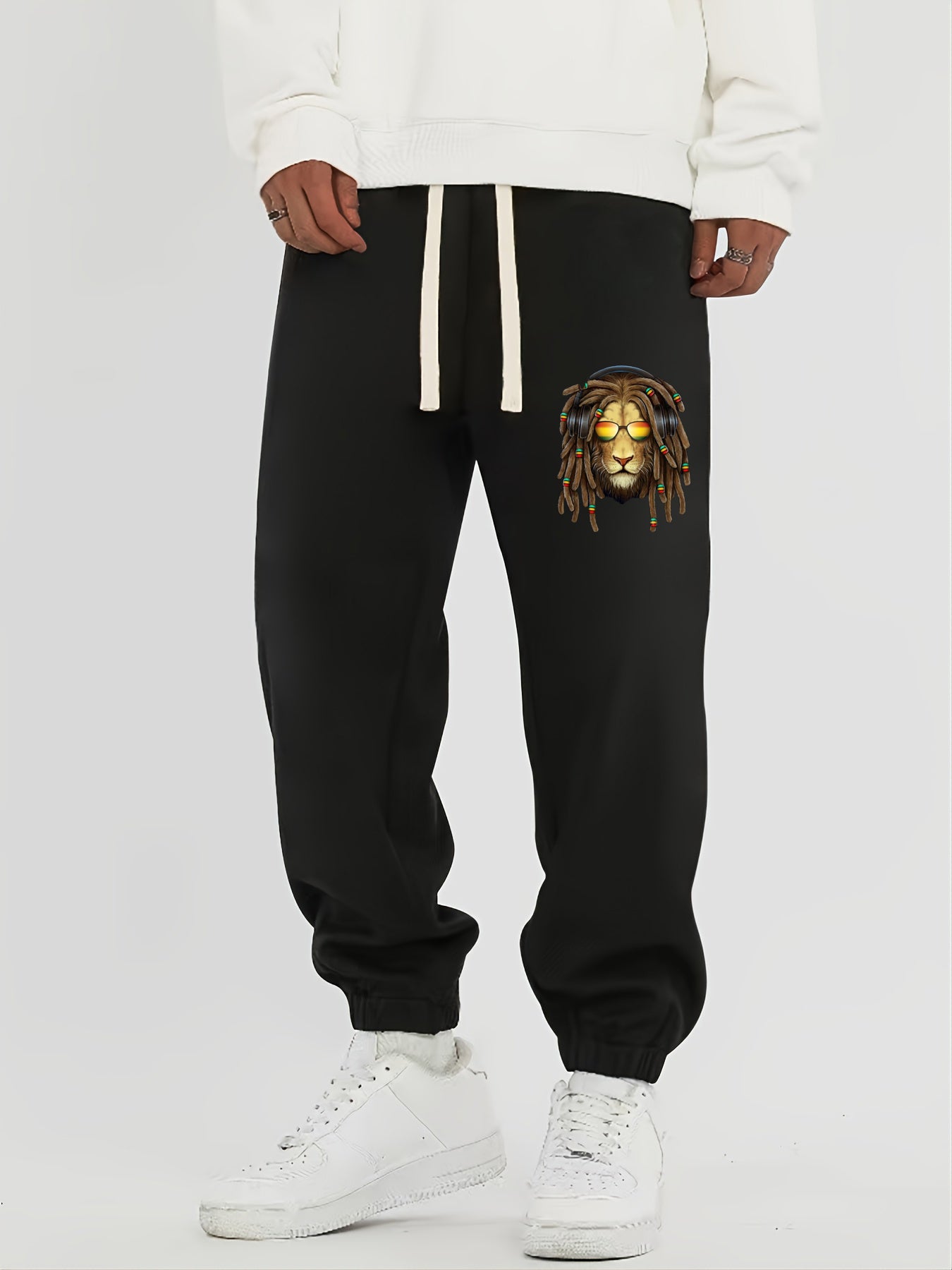 Rock Lion Print Drawstring Pocket Sweatpants Loose Casual Jogger Pants