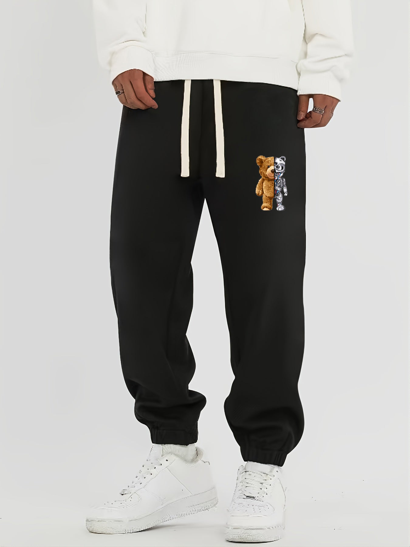 Mechanical Bear Print Men's Drawstring Sweatpants Loose Casual Jogger Pants