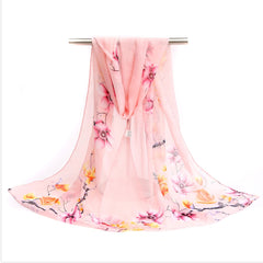 Flower Branch Print Chiffon Scarf Casual Shawl