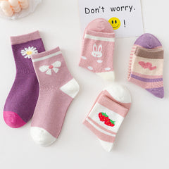 5 Pairs Girls Cotton Crew Socks for Kids Summer