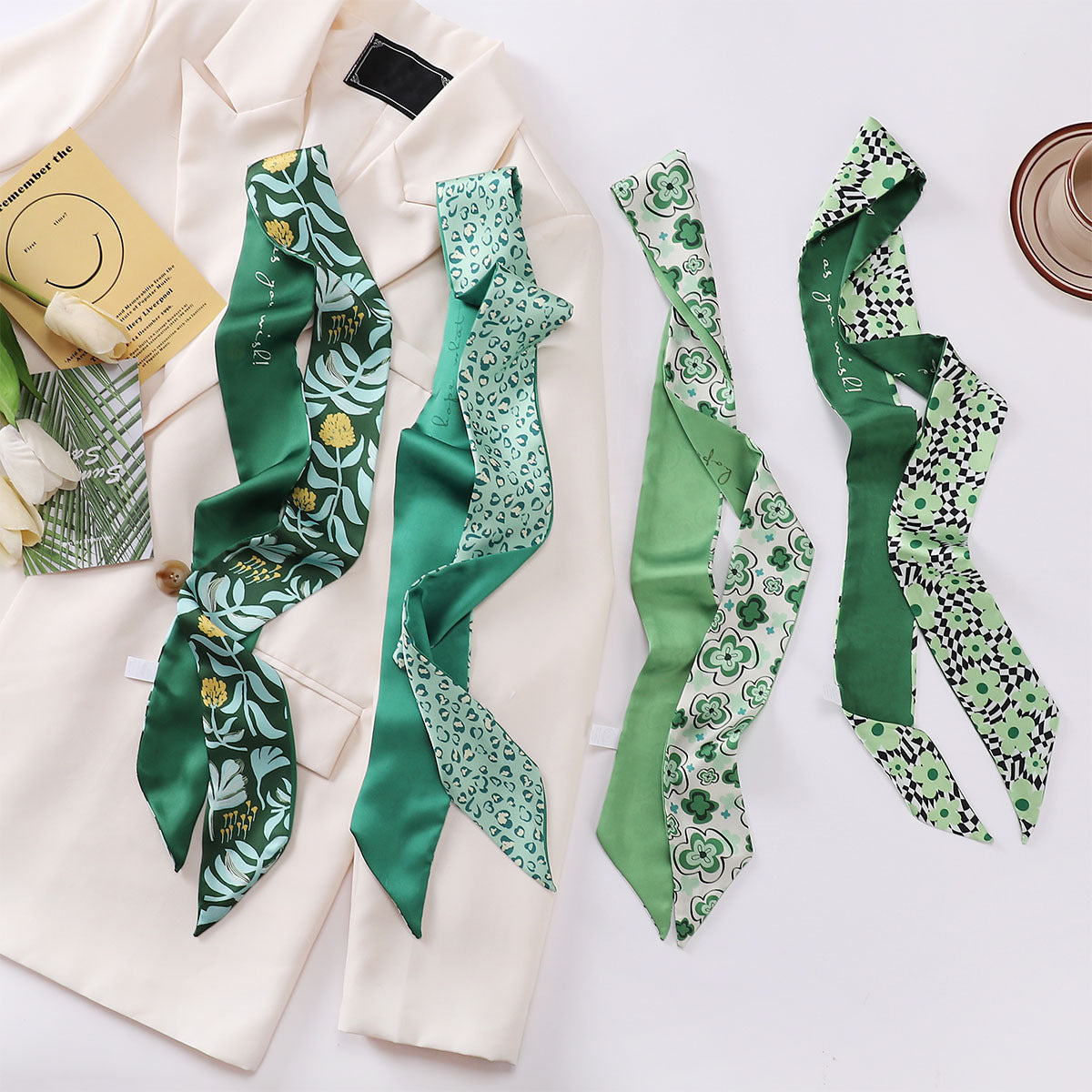 Floral Print Skinny Scarf Long Ribbon Neckerchief Boho Twilly Scarf