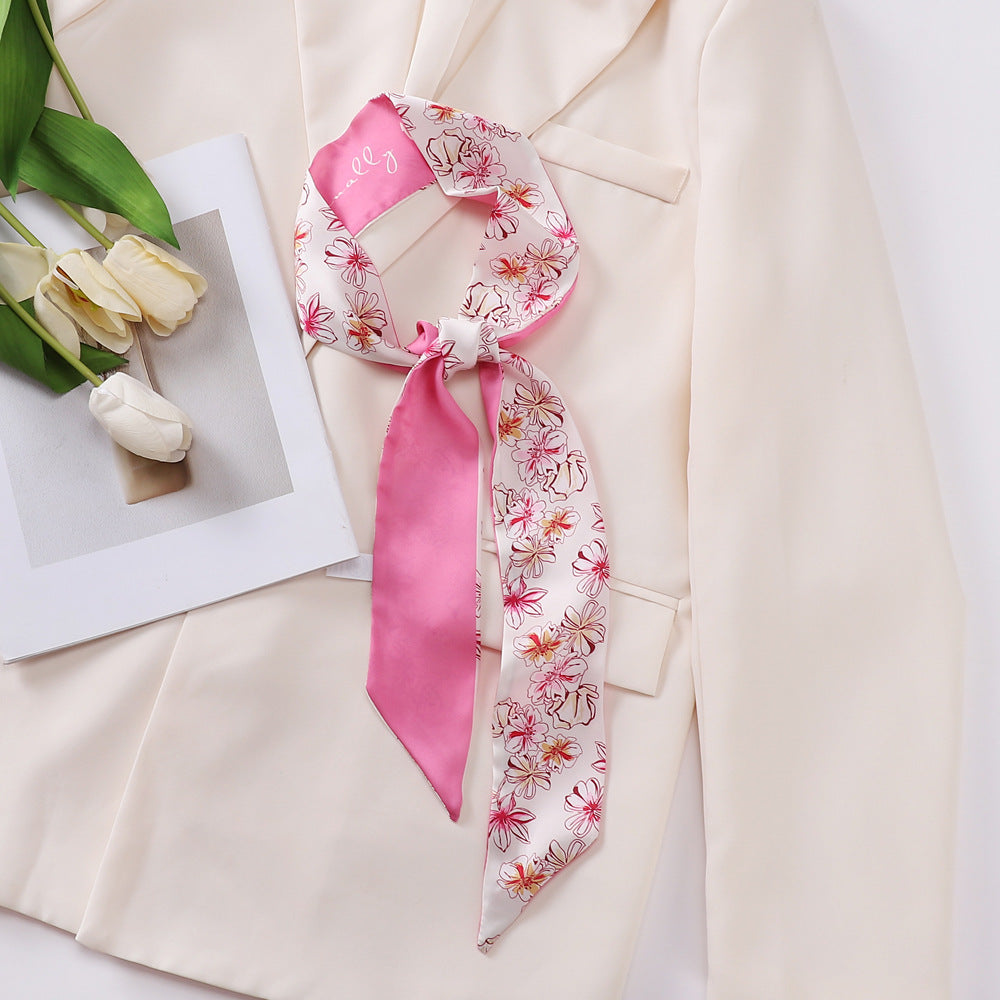 Floral Print Skinny Scarf Long Ribbon Neckerchief Boho Twilly Scarf